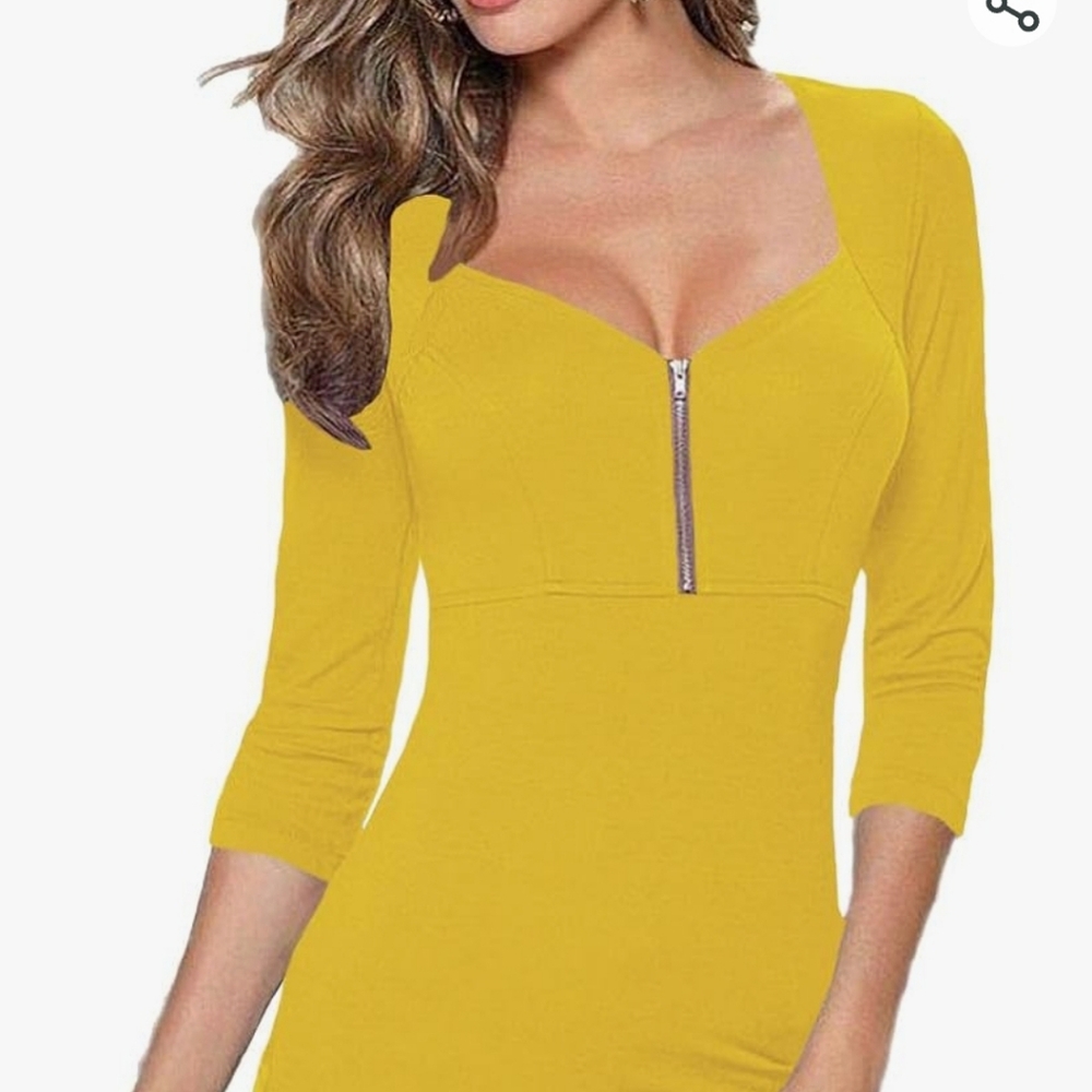 New Afibi women's square neck zip tshirt small size yellow color